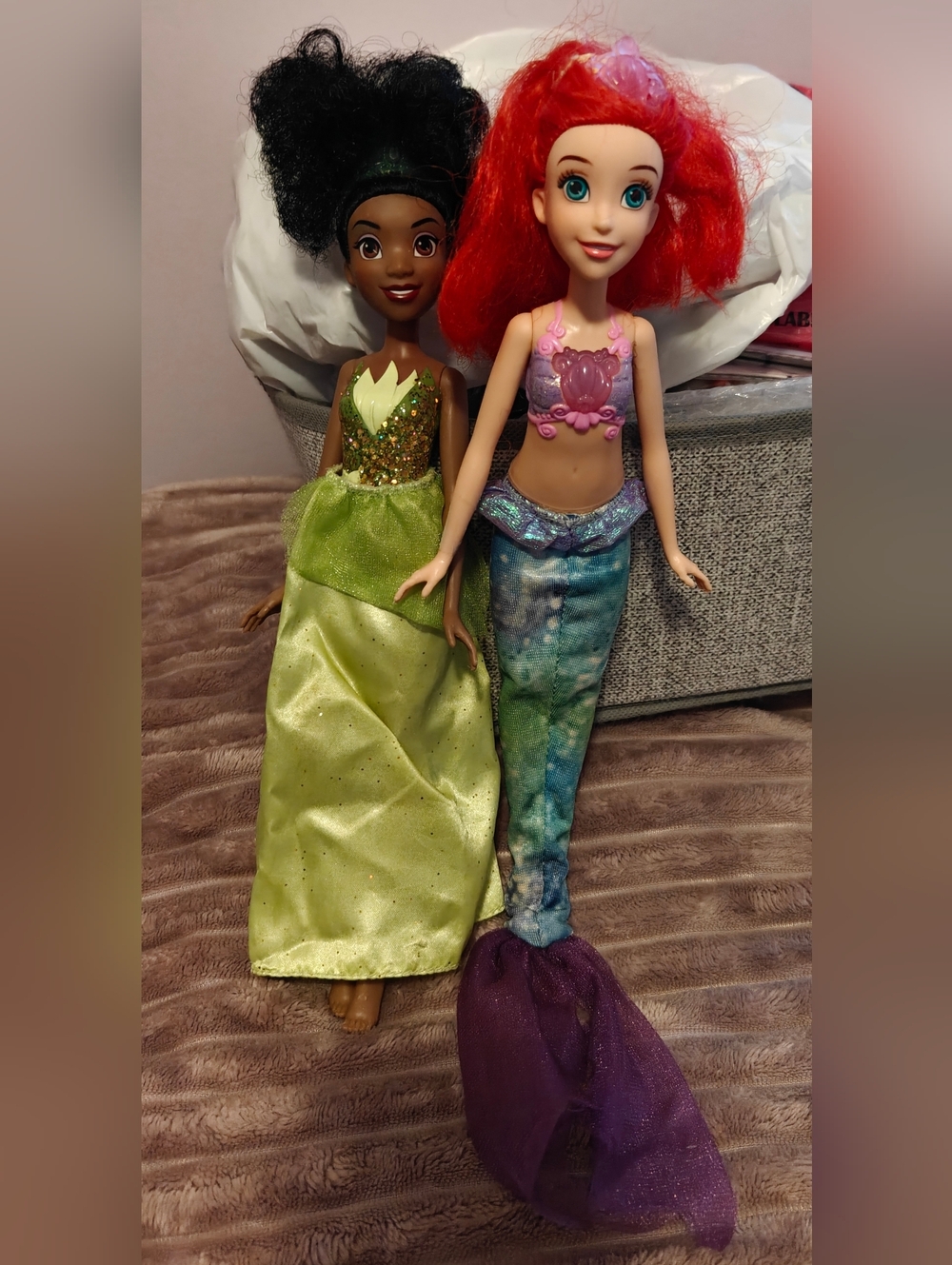 Disney Princess Ariel Red Hair Mermaid Doll and Tiana Green Dress Dolls 11" Tall